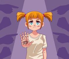 junges Teenager-Mädchen mit Stoppwort in der Hand und angreifenden Händen vektor
