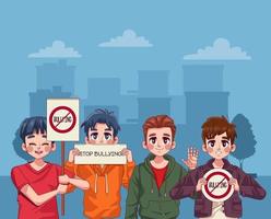 Teenager-Jungen protestieren mit Stop-Mobbing-Schriftzügen in Bannern vektor