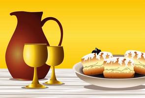 fröhliche Chanukka-Feier mit süßen Donuts und goldenen Kelchen vektor