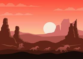 Wilder Westen Sonnenuntergang Wüstenszene mit Cowboy und Pferden vektor