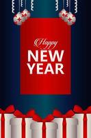 Frohes neues Jahr Schriftzug Karte mit silbernen und roten Kugeln und Geschenken vektor