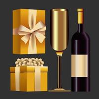 gott nytt årskort med gåvor och champagne vektor