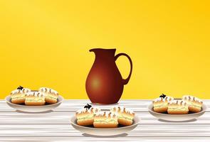 fröhliche Chanukka-Feier mit süßen Donuts und Glas vektor