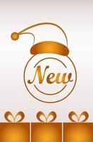 gott nytt år bokstäver kort med gyllene santa hatt och gåvor vektor