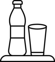 svart linje konst illustration av mjuk dryck flaska med glas på bricka ikon. vektor