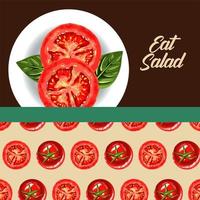 Salatbeschriftungsposter mit Tomaten in Schale essen vektor