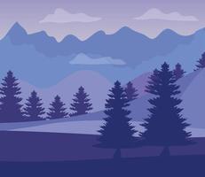 lila Landschaft mit Silhouetten von Bergen mit Kiefern vektor