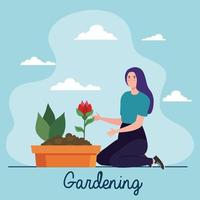 Gartenfrau mit Rosenblume im Topfvektordesign vektor