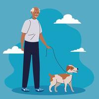 alter mann, der mit hundehaustier auf blauem hintergrund spaziert vektor