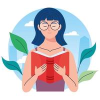 Frau mit Brille, die ein Lehrbuch mit Blättern liest vektor