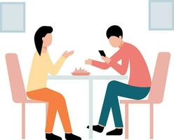 ein Junge und ein Mädchen sind Essen beim ein Tisch. vektor
