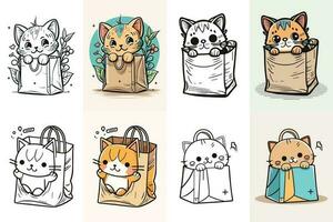 liten katt i en papper handla väska bunt, katt tecknad serie i en papper handla väska bunt, rolig katt i en papper handla väska, katt älskare, söt katt logotyp design. katt logotyp, katt tecknad serie karaktär design. vektor