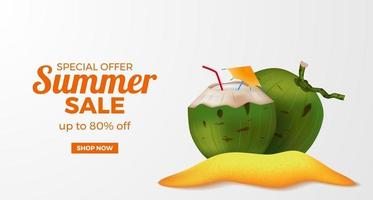 Sommerverkaufsangebot-Bannerschablone mit realistischem grünem Kokosnussgetränk 3d auf der sandstrandinsel vektor