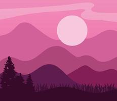 Landschaft von Bergen, Kiefern und Sonne auf rosa Hintergrundvektordesign vektor