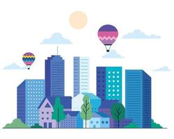 Stadtlandschaft mit Gebäuden, Häusern, Heißluftballons, Bäumen, Sonne und Wolkenvektordesign vektor