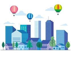 Stadtlandschaft mit Gebäuden, Häusern, Heißluftballons, Bäumen und Wolkenvektordesign vektor