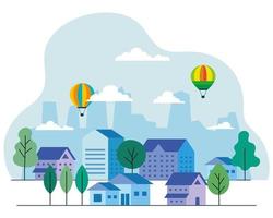 Stadthäuser mit Heißluftballons, Bäumen und Wolkenvektordesign vektor