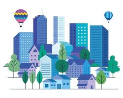 stadslandskap med byggnader, hus, luftballonger och trädvektordesign vektor