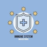 Immunsystem-Booster-Schild mit Covid19-Partikeln und Schriftzug vektor