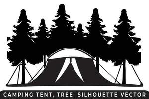 Camping Zelt Silhouette Vektor, Zelt und Baum Vektor, Campingplatz Silhouette, draussen Abenteuer Vektor, Camping Zelt Symbol, Wald Silhouette Vektor, Nacht Camping Szene, Nacht Camping Silhouette. vektor