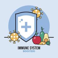 Immunsystem-Booster-Schild mit Gemüse und Covid19-Partikeln vektor