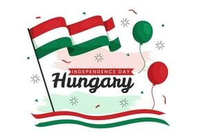 Lycklig ungern oberoende dag vektor illustration med ungerska vinka flagga bakgrund i nationell Semester platt tecknad serie hand dragen mallar