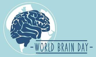 Postkarte zum Welt Gehirn Tag, Vektor Illustration mit ein süß Gehirn im Karikatur Stil auf das Hintergrund von das Erde. Juli 22 und das hell Blau Silhouette von das Mensch Gehirn. Medizin, Mensch Gesundheit