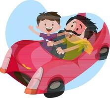 Charakter von glücklich Kind mit Mann Fahren ein Rosa Auto im Aufkleber. vektor