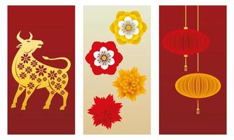 kinesiskt nyår oxe och lampor som hänger med blommor vektor