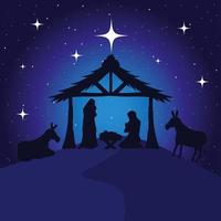 julkrubba, mary, joseph och baby på blå bakgrundsvektordesign vektor