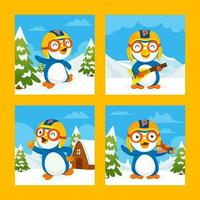 wenig Pinguin spielen im Schnee Sozial Medien Post vektor