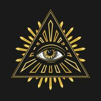 sammansättning med Allt seende öga, öga av försyn. illuminati symbol i pyramid, triangel med ljus strålar, geometrisk strålar. gyllene design i retro, årgång stil. vektor