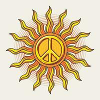 Sonne mit Frieden unterzeichnen. Solar- Zeichen zum groovig, Hippie Stil. Vektor Illustration im Jahrgang Stil auf Weiß Hintergrund. gut zum groovig, Hippie Stil