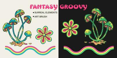 uppsättning av design element med fantasi svamp, kamomill blomma, psychedelic randig konst borsta. klämma konst för häftig, hippie, mystisk stil vektor