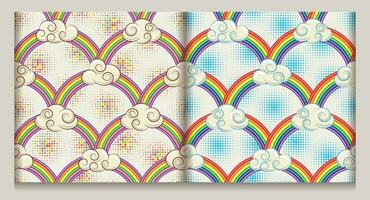 mönster med moln, regnbåge båge och halvton former. geometrisk tecknad serie bakgrund. begrepp av harmoni, positivitet. häftig, hippie, naiv stil för kläder, tyg, textil- vektor