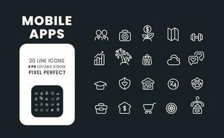 mobil appar vit linjär skrivbordet ikoner på svart. digital företag. social media. uppkopplad tjänster. e handel. pixel perfekt, översikt 4px. isolerat gränssnitt symboler packa för mörk läge. redigerbar stroke vektor