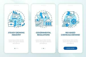 utveckling av bio baserad material blå onboarding mobil app skärm. genomgång 3 steg redigerbar grafisk instruktioner med linjär begrepp. ui, ux, gui mallar vektor