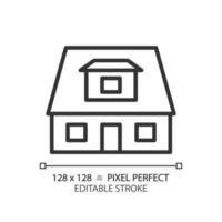 Bungalow Pixel perfekt linear Symbol. Haus mit geneigt Dach. Erholung heim. Kauf Eigentum. echt Anwesen. Hütte. dünn Linie Illustration. Kontur Symbol. Vektor Gliederung Zeichnung. editierbar Schlaganfall