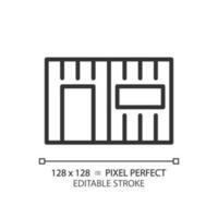 behållare hus pixel perfekt linjär ikon. prisvärd fast egendom. miljövänlig hus. återvunnet frakt behållare. tunn linje illustration. kontur symbol. vektor översikt teckning. redigerbar stroke