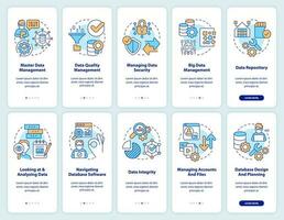 Daten Verwaltung Prozess Onboarding Handy, Mobiltelefon App Bildschirm Satz. Analytik Komplettlösung 5 Schritte editierbar Grafik Anleitung mit linear Konzepte. ui, ux, gui Vorlage vektor