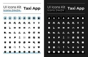 Taxi Bedienung Glyphe ui Symbole einstellen zum dunkel, Licht Modus. städtisch Transport. Silhouette Symbole zum Nacht, Tag Themen. solide Piktogramme. Vektor isoliert Abbildungen