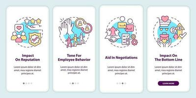 betydelse av företag etik onboarding mobil app skärm. rykte genomgång 4 steg redigerbar grafisk instruktioner med linjär begrepp. ui, ux, gui mallar vektor