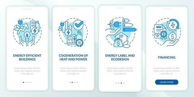 energi effektivitet och bevarande blå onboarding mobil app skärm. genomgång 4 steg redigerbar grafisk instruktioner med linjär begrepp. ui, ux, gui mallar vektor