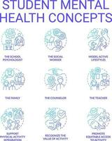 studerande mental hälsa blå lutning begrepp ikoner uppsättning. fysisk aktivitet och näring aning tunn linje Färg illustrationer. rådgivning. isolerat symboler vektor