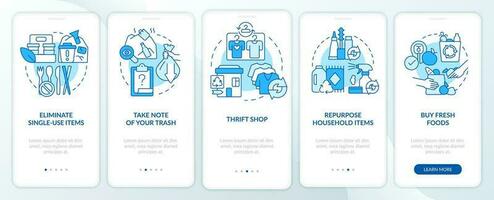 växlande till noll-avfall livsstil blå onboarding mobil app skärm. genomgång 5 steg redigerbar grafisk instruktioner med linjär begrepp. ui, ux, gui mallar vektor
