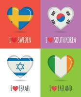 kärleksfull och färgrik posters av Sverige, söder korea, Israel och irland med hjärta formad nationell flagga och text vektor illustration