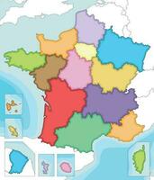 Vektor illustriert leer Karte von Frankreich mit Regionen und Gebiete und administrative Abteilungen, und benachbart Länder. editierbar und deutlich beschriftet Lagen.