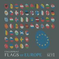 einstellen von 56 Fingerabdrücke farbig mit das National Flaggen von das Länder von Europa. Symbol einstellen Vektor Illustration.