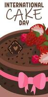 International Kuchen Tag, natürlich Schokolade Kuchen mit Erdbeeren und ein Bogen auf das Licht. das fröhlich Urlaub ist gefeiert auf Juli 20. Vektor Vorlage zum typografisch Poster, Banner, Flyer, Aufkleber