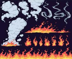 tecknad serie brand och rök. ljus brand flamma, röd eldig lågor och rök moln effekt vektor uppsättning. farlig löpeld, naturlig fenomen isolerat på mörk bakgrund. lysande bläs med rökig ånga